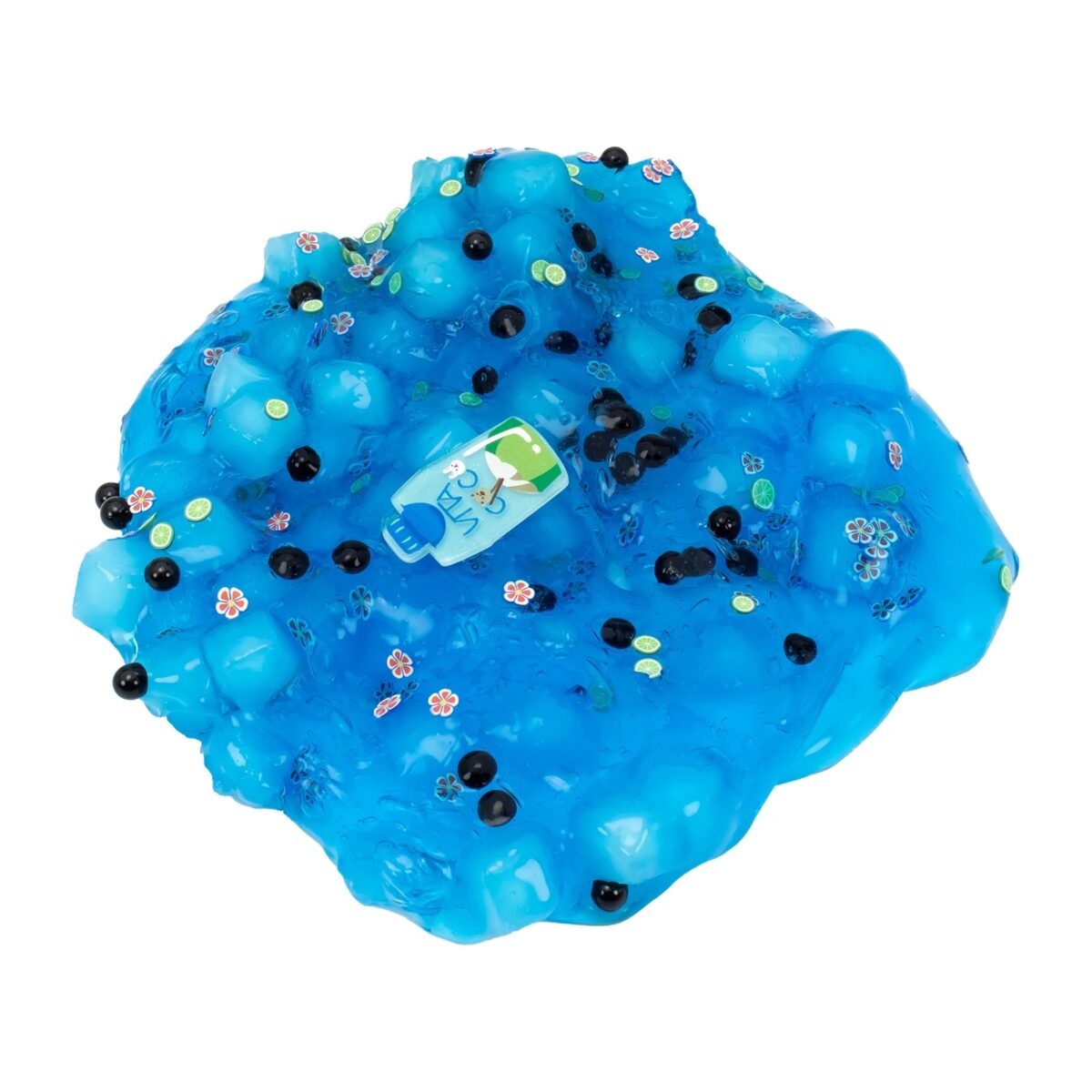 Pâte à modeler bleue avec perles noires et petites fleurs, idéale pour décoration ou activités éducatives.