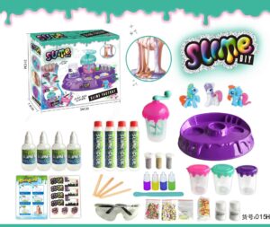 Kit de fabrication de slime DIY avec accessoires et colorants.