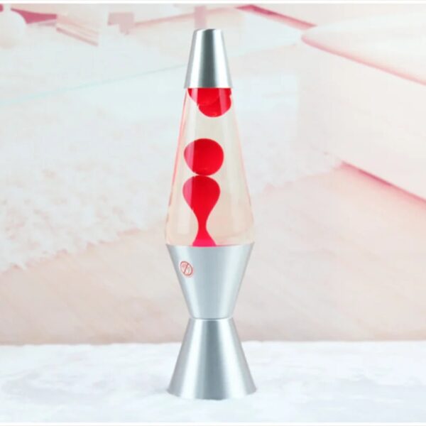 Lampe Lava classique avec base en métal argenté et liquide rouge en mouvement, idéale pour la décoration scientifique et ludique.