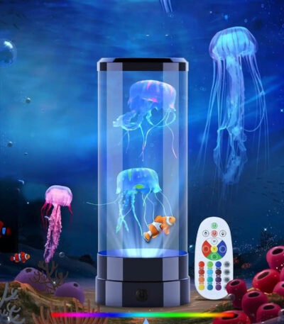 Vitrine à méduses LED avec télécommande, décorations aquatiques et effets lumineux pour une ambiance relaxante et moderne.