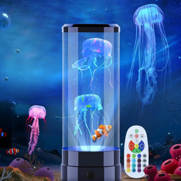 Vitrine à méduses LED avec télécommande, décorations aquatiques et effets lumineux pour une ambiance relaxante et moderne.