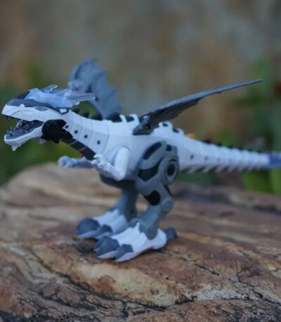 T-Rex robotique en plastique blanc et gris, modèle de dinosaure mécanique avec articulation, parfait pour la décoration scientifique ou pour les collectionneurs de jouets éducatifs.
