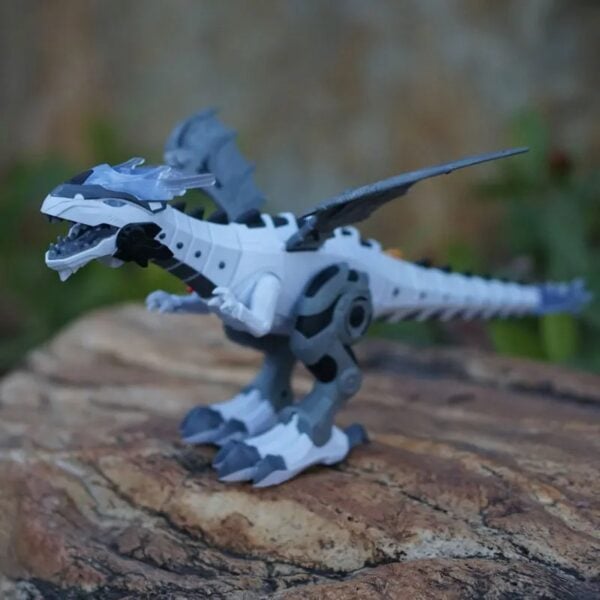 T-Rex robotique en plastique blanc et gris, modèle de dinosaure mécanique avec articulation, parfait pour la décoration scientifique ou pour les collectionneurs de jouets éducatifs.