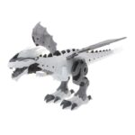 Modèle de dinosaure T-Rex robotique en plastique blanc et gris, avec détails articulés et ailes, parfait pour la décoration scientifique ou éducative.