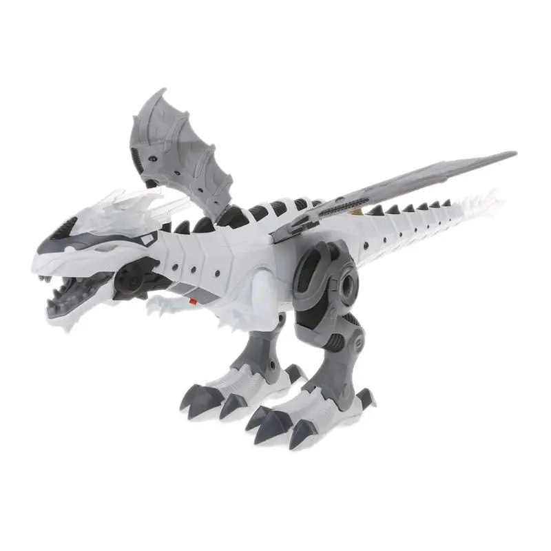Modèle de dinosaure T-Rex robotique en plastique blanc et gris, avec détails articulés et ailes, parfait pour la décoration scientifique ou éducative.