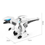 Modèle de dinosaure T-Rex en robot scientifique blanc avec détails noirs et bleus, mesurant 26 cm de haut, 71 cm de long et 19 cm de large, parfait pour la décoration éducative.