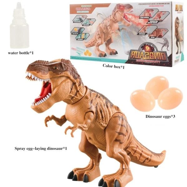 Dino en plastique avec œufs et boîte de jeu pour expérience scientifique et éducative.