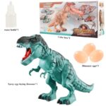 T-Rex dinosaure en jouet avec œufs et boîte de couleur.