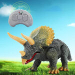 Figurine de dinosaure T-Rex en plastique avec télécommande, détails colorés et texture réaliste, idéale pour décoration ou jeu éducatif.