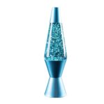 Lampe à lave en forme de vase avec liquide bleu et bulles, décoration scientifique moderne.