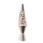 Lampe à lave design avec effets lumineux et flocons scintillants, idéale pour une décoration scientifique ou contemporaine.
