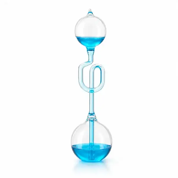 Appareil de distillation en verre avec deux ballons et un tube en forme de boucle, utilisé pour des expériences chimiques ou scientifiques.