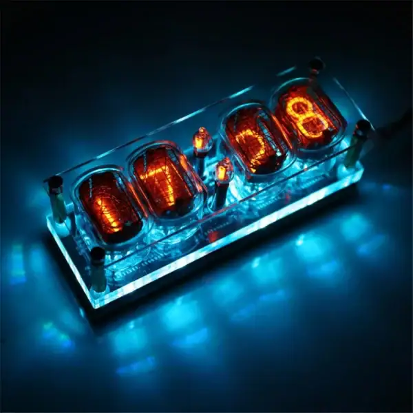 Porte-nombres Nixie vintage avec tubes lumineux orange, affichant le chiffre 1988, sur une base en acrylique transparent.