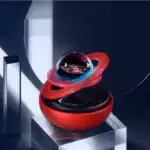 Dispositif scientifique innovant avec sphère holographique flottante et anneau rouge, illustrant la technologie avancée et la décoration moderne inspirée de la science.