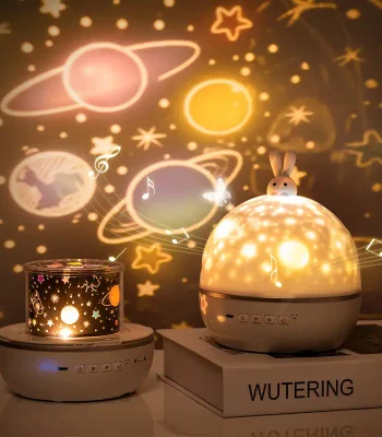 Lampe décorative en forme de planète avec projection d'astres et étoiles, idéale pour une décoration scientifique ou enfantine, créant une ambiance cosmique dans la pièce.
