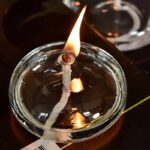Bougie de laboratoire en verre avec mèche allumée, créant une flamme vive.