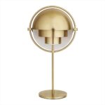 Lampe de bureau moderne en laiton avec abat-jour géométrique, idéale pour une décoration scientifique ou contemporaine.
