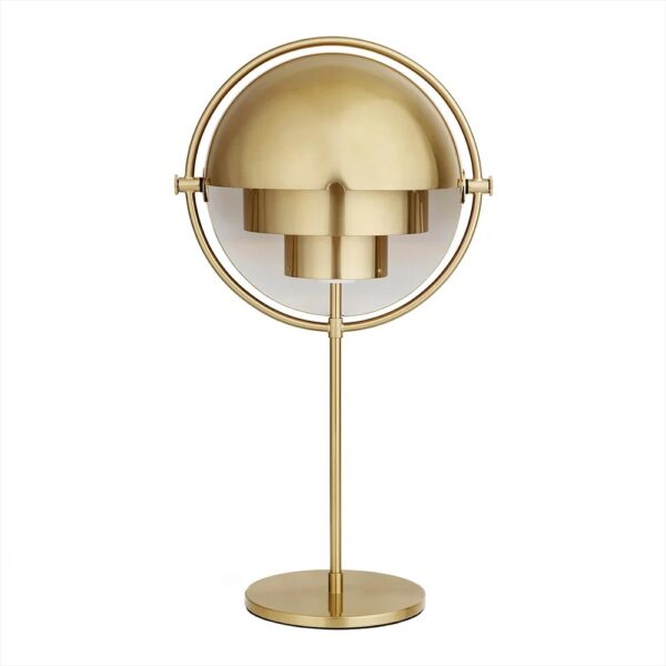Lampe de bureau moderne en laiton avec abat-jour géométrique, idéale pour une décoration scientifique ou contemporaine.