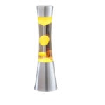 Vase de lava en acier inoxydable avec bulles colorées jaunes et oranges, parfait pour la décoration scientifique ou moderne.
