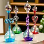 Collection de vases en verre de laboratoire colorés, avec formes variées et détails élégants, parfaits pour la décoration scientifique ou moderne.