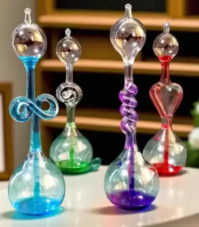 Collection de vases en verre de laboratoire colorés, avec formes variées et détails élégants, parfaits pour la décoration scientifique ou moderne.