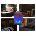 Lampe de sel en pierre naturelle avec éclairage LED bleu pour une ambiance chaleureuse et relaxante.