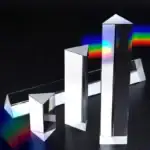 Objets décoratifs en verre miroir avec reflets colorés, formes géométriques modernes, parfaits pour la décoration intérieure élégante et contemporaine.