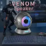 Enceinte Venom Speaker inspirée de Venom, personnage de Marvel, avec design futuriste et effets lumineux.