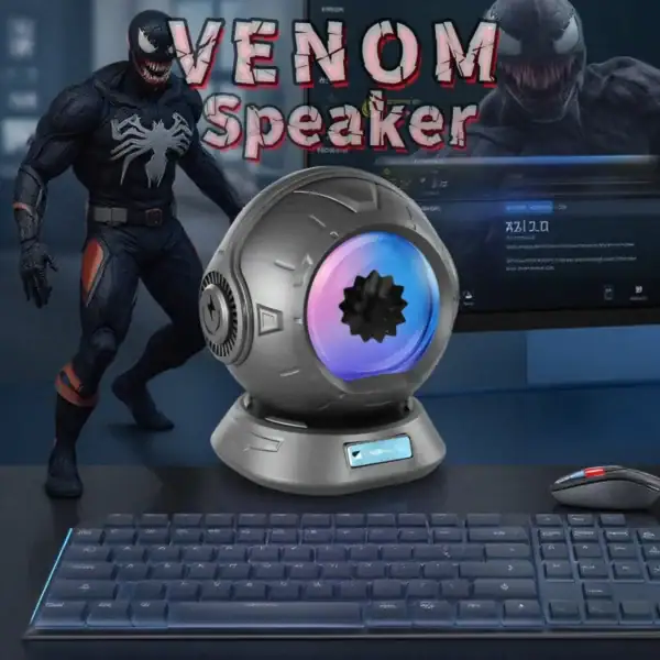 Enceinte Venom Speaker inspirée de Venom, personnage de Marvel, avec design futuriste et effets lumineux.