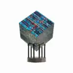 Cube en verre coloré avec support métallique, décoration scientifique moderne.