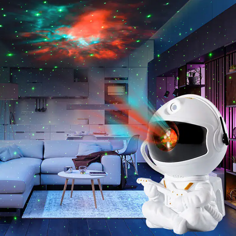 Robot projection d'étoiles dans un salon moderne, créant une ambiance cosmique avec un ciel étoilé coloré projeté au plafond.