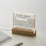 Modèle de tableau périodique des éléments en acrylique transparent, présenté sur un support en bois, idéal pour la décoration scientifique et éducative.