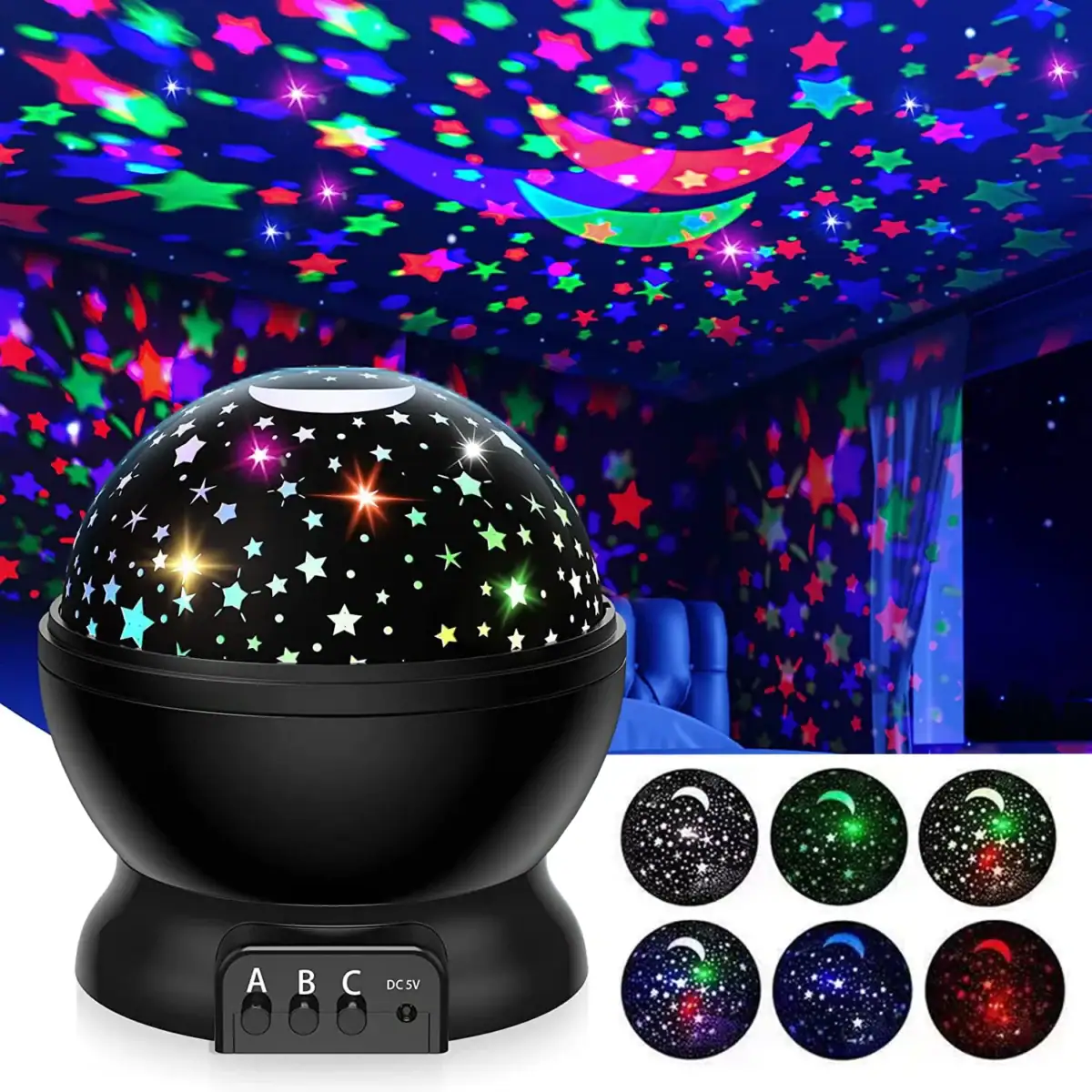 Projecteur de ciel étoilé avec effets lumineux colorés.