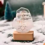 Pendentif en glace transparent avec inscription scientifique gravée, posé sur un socle en bois, dans un décor hivernal avec neige et arbres flous en arrière-plan.