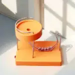 Porte-rouleau de billes en métal et plastique orange, objet scientifique décoratif pour bureau ou intérieur, alliant design moderne et éléments de science.