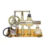 Modèle de machine scientifique vintage en laiton doré avec engrenages et tubes, parfait pour décoration ou collection scientifique.