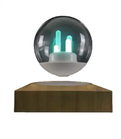 Lampe scientifique avec globe en verre et base en bois, idéale pour la décoration de style scientifique ou éducatif.