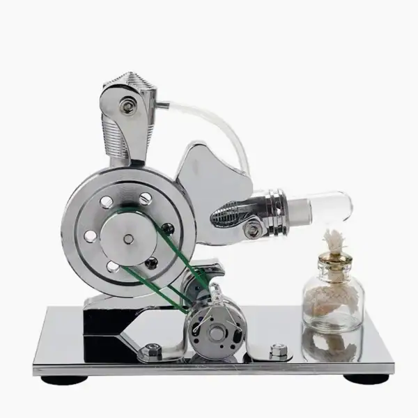 Une machine de vapeur vintage en métal, utilisée comme objet de décoration scientifique, avec un flacon en verre contenant une substance mystérieuse.