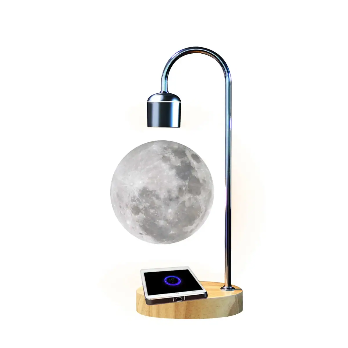 Lampe de bureau innovante avec une lune en 3D suspendue sous un bras métallique, créant une ambiance scientifique et moderne.