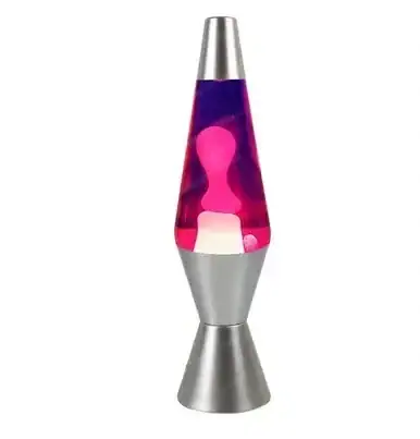 Lampe à lave en verre avec base en métal, créant un effet visuel hypnotique avec de la cire colorée en mouvement. Parfaite pour la décoration scientifique ou vintage.