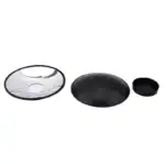 Porte-savon en verre transparent avec design moderne, accompagnée de deux plateaux en céramique noirs de différentes tailles, parfaits pour la décoration de salle de bain ou cuisine.