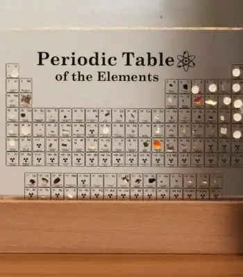 Tableau périodique des éléments avec éléments en 3D et figurines d'astronautes.