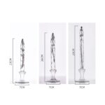 Porte-encens en verre transparent avec motif torsadé, hauteur variable de 23 à 29 cm, diamètre de 7 cm, idéal pour décoration scientifique ou moderne.