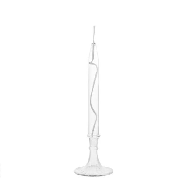 Vase en verre transparent avec une spirale élégante, parfait pour la décoration scientifique ou moderne.