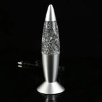 Lampe de décoration en forme de volcan avec liquide scintillant et lumière LED, idéale pour une ambiance scientifique et moderne.