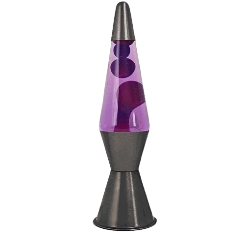 Lampe de lave colorée violette avec base en métal noir, design vintage, idéale pour décoration intérieure originale et ambiance relaxante.