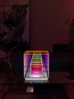 Porte de laboratoire en acrylique transparent avec éclairage LED multicolore, créant un effet lumineux coloré et moderne. Parfait pour la décoration scientifique ou un espace de travail innovant.