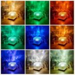 Lampe cube lumineuse avec effets de lumière colorés en orange, vert, rouge, turquoise, bleu, violet, blanc et vert, idéale pour la décoration intérieure ou événementielle.