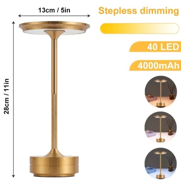 Lampe de table LED dorée avec 40 LED, autonomie de 4000mAh, design moderne et sophistiqué, idéale pour la décoration scientifique ou comme pièce de décoration intérieure.