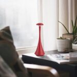 Vase scientifique rouge en forme de colonne sur une table près d'une fenêtre avec plantes et magazines.